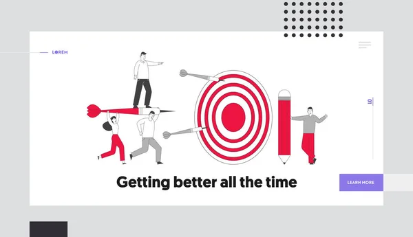 Business Goals Achievement Landing Page Template. Businesspeople Team Carry Enorme Darts met Zakenman Karakter Stand on it Running to Enorme Target, Doel Missie. Lineaire People Vector Illustratie — Stockvector