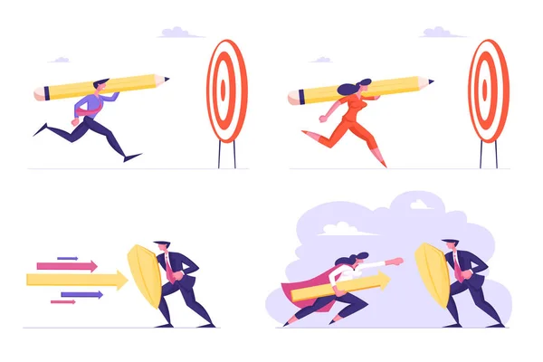 Set of Business People with Huge Pencil Running to Target, Businesswoman Character in Superheroes Cloak Attack Businessman with Shield, Aiming Isolated on White Background Cartoon Vector Illustration — стоковий вектор