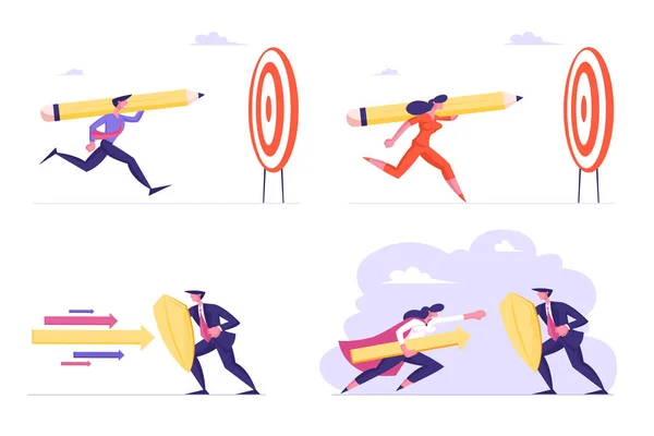 Set van Zakenmensen met Enorme Potlood Running to Target, Zakenvrouw Karakter in Superheld Cloak Attack Zakenman met Schild, Gericht Geïsoleerd op Witte Achtergrond. Cartoon Vector Illustratie — Stockvector