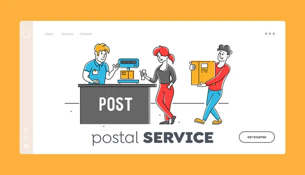 Personas que visitan la plantilla de landing page de la oficina de correos. Mujer sosteniendo carta en la mano, el hombre pesa paquete en balanzas en el escritorio de recepción. Los personajes del cliente utilizan el servicio de entrega de correo. Ilustración de vectores lineales — Vector de stock