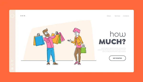 Saisonverkauf, Discount, Shopaholic Charaktere mit Käufen Landing Page Template. Junger Mann hält mit Freundin bunte Einkaufstüten in der Hand Lineare Menschen Vektor Illustration — Stockvektor