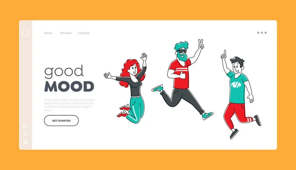 Happy Jumping People Landing Page Template. Equipo de Trabajadores de Oficina o Amigos Alegría, Personajes Hipster, Alegre Empleados Corporativos, Grupo de Jóvenes Estudiantes en Ropa Casual. Ilustración de vectores lineales — Archivo Imágenes Vectoriales