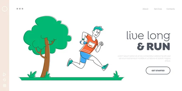 Jogging, Αθλητισμός Υγιής Lifestyle Landing Page πρότυπο. Happy Man with Water Bottle in Hand Running in Park, καλοκαιρινή αθλητική δραστηριότητα. Αθλητικός χαρακτήρας Πρωινή άσκηση. Γραμμική διανυσματική απεικόνιση — Διανυσματικό Αρχείο