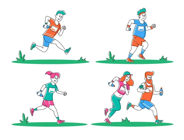 Σύνολο των νέων τρέχει απόσταση Μαραθώνιος της πόλης. Άσκηση άθλησης και τζόγκινγκ, Τουρνουά ανταγωνισμού. Αθλητής Sprinter Αθλητές Αθλητές Χαρακτήρες Run Sprint Race. Γραμμική διανυσματική απεικόνιση — Διανυσματικό Αρχείο