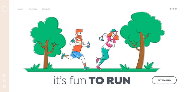 Jogging και Αθλητισμός Υγιή Lifestyle Landing Page πρότυπο. Οι άνθρωποι και οι γυναίκες χαρακτήρες στον αθλητισμό φορούν Running City Marathon στην Φύση τοπίο φόντο, καλοκαίρι του αθλητισμού. Γραμμική απεικόνιση διανυσματικών ατόμων — Διανυσματικό Αρχείο