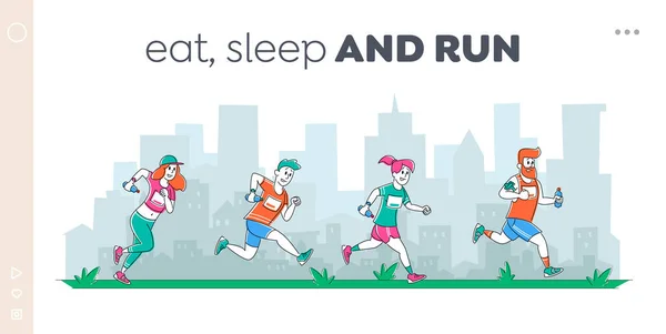 Αθλητές Χαρακτήρες Υγιής Jogging Lifestyle Landing Page πρότυπο. Οι άνθρωποι στον αθλητισμό φορούν Running City Marathon στο φόντο Cityscape. Καλοκαίρι Εξωτερική Αθλητική Δραστηριότητα. Γραμμική διανυσματική απεικόνιση — Διανυσματικό Αρχείο