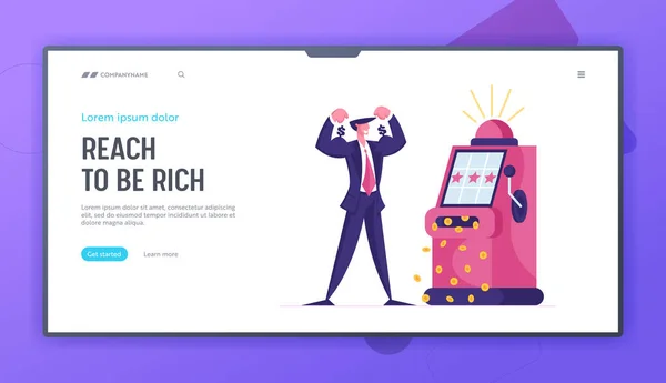 Máquina de fenda Jackpot Win Landing Page Template. Lucky Business Character Gambling, Demonstrar Músculos Comemore o Dinheiro Ganhando Feliz em Bandido com Um Braço, o Vencedor Regozije-se. Desenhos animados Vector Ilustração —  Vetores de Stock