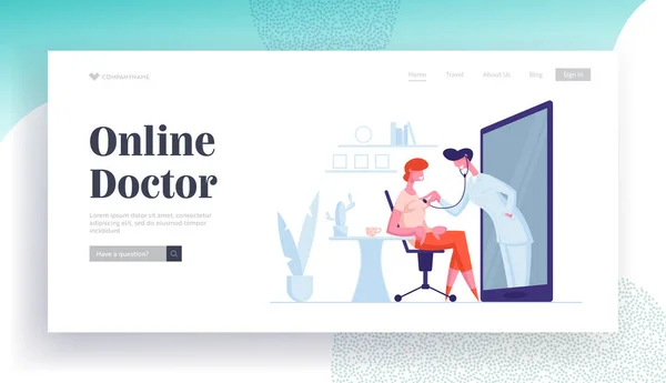 Online Medizin Landing Page Template. Freundliche Ärztin hört Frau geduldiges Herz, das durch riesigen Smartphone-Bildschirm schlägt. Mobile Gesundheitsanwendung. Cartoon People Vektor Illustration — Stockvektor