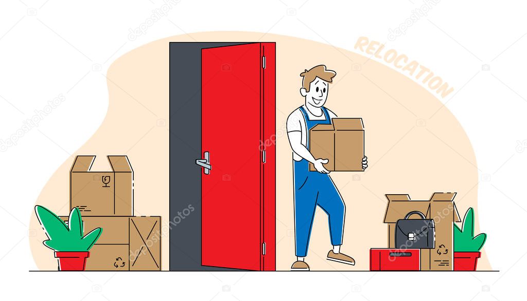 Relocation and Moving into New House Concept. Worker Male Character Wearing Uniform Carry Cardboard Box to Apartment. Professional Delivery Shipping Company Loader Service. Linear Vector Illustration