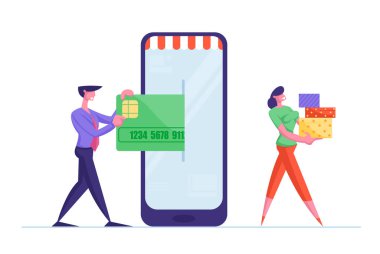 İşadamı Karakteri, Akıllı Telefon Ekranı 'na Kablosuz Ödeme, Kadın Satın Alma Kartını Girin. Çevrimiçi Alışveriş Uygulaması, Dijital E-Ticaret Satışı. Çizgi film İnsanları Vektör İllüstrasyonu