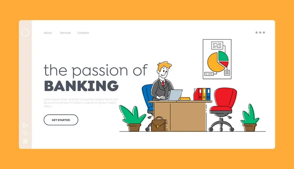 Finanzberuf, Beruf Bankkaufmann, Büroangestellte Landing Page Template. Bankangestellte männliche Figur, die am Schreibtisch sitzt und Laptop und Schreibwaren wartet. Lineare Vektorillustration — Stockvektor