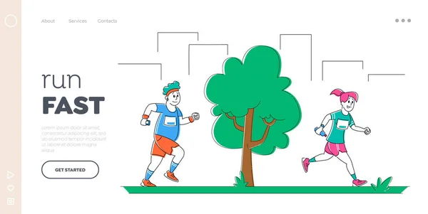 Jogging et sport Mode de vie sain Modèle de page d'atterrissage. Personnages hommes et femmes dans le sport Vêtements et baskets Marathon de course sur fond de nature. Personnes Activité sportive. Illustration vectorielle linéaire — Image vectorielle