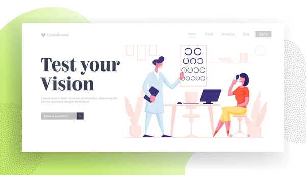 Professionelle Optiker-Prüfung Patient Vision Landing Page Template. Augenarzt Arzt Character Check Augenlicht zu Frau. Augenarzt mit Zeiger-Checkup-Augen-Blick. Cartoon People Vektor Illustration — Stockvektor