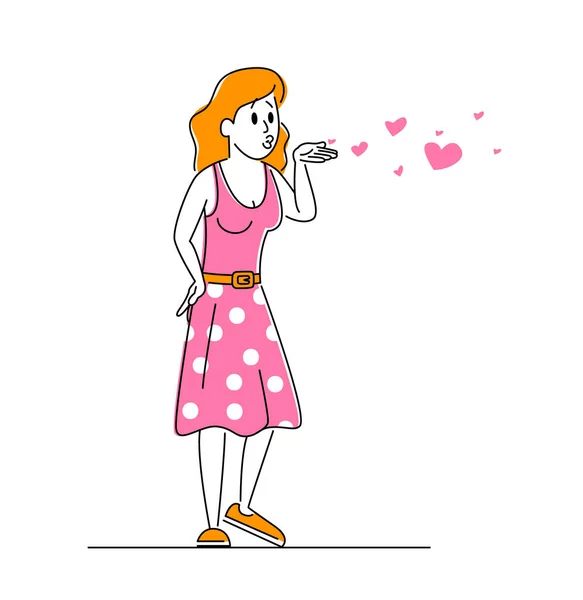 Jonge vrouw karakter in roze jurk Stuur Air Kiss met vliegende harten geïsoleerd op witte achtergrond. Romantische relaties, Meisjes die verliefd worden en daten, Valentijnsdag concept. Lineair. Vector Illustratie — Stockvector