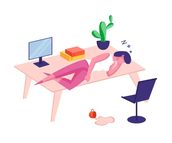 Overwork Burnout, fatigue et concept de fatigue. Personnage fatigué de femme d'affaires de surcharge avec la puissance de basse vie d'énergie dormant sur le bureau avec le café renversé sur le plancher. Illustration vectorielle de bande dessinée — Image vectorielle