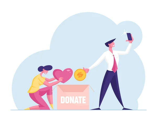 Donation och altruism koncept. osjälvisk kvinna sätta hjärta i donera rutan, osjälvisk affärsman karaktär sätta guldmynt och göra selfie att göra inlägg i Internet. Tecknad människor vektor Illustration — Stock vektor