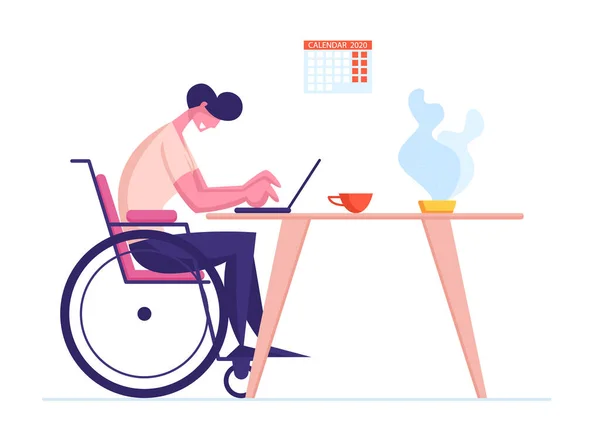 Инвалид сидит на инвалидной коляске и работает над ноутбуком с календарем 2020 года, висящим на стене. Инвалид мужской персонаж фрилансер, зарабатывающий деньги в Интернете, онлайн доход. Вектор мультипликации — стоковый вектор