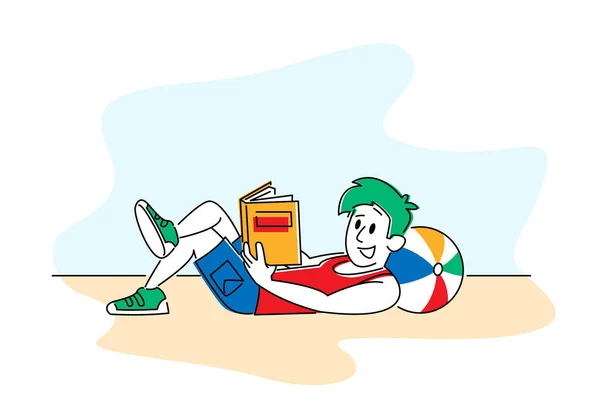 Leyendo libros Hobby. Joven acostado en el suelo en casa o en la playa con pelota bajo la cabeza Lea un libro interesante. Deep Inmersion to Fantasy World, Male Character Bookworm Reader (en inglés). Ilustración de vectores lineales — Vector de stock