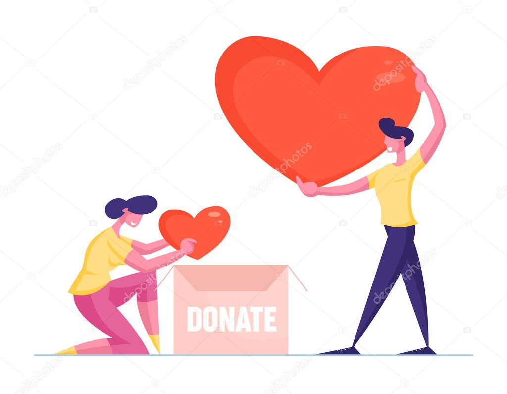 Male and Female Volunteer Characters Put Hearts in Cardboard Donation Box for Help to Poor People in Shelter, Support Social Care. Volunteering and Charity Concept. Cartoon People Vector Illustration