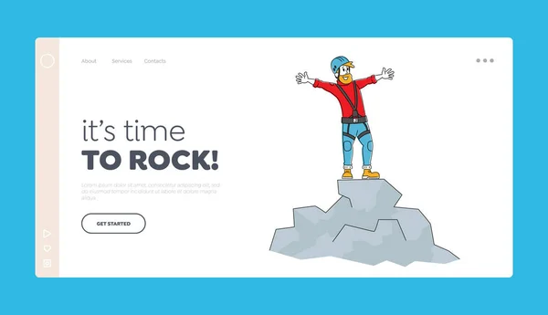 ハイキングアクティブライフスタイル、山やヒルズランディングページテンプレートでのトレッキング。特殊装備のハッピーマンロッククライマーキャラクターと山の上にヘルメットスタンド。線形ベクトルイラスト — ストックベクタ