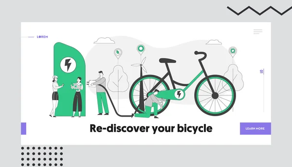 Eco Transporte, Proteção Ecológica Estilo de Vida Saudável Landing Page Template. Pessoas carregando e bombeando bicicleta elétrica. Os personagens usam a bicicleta eletrônica para viajar, vida esportiva. Ilustração Linear do Vetor — Vetor de Stock