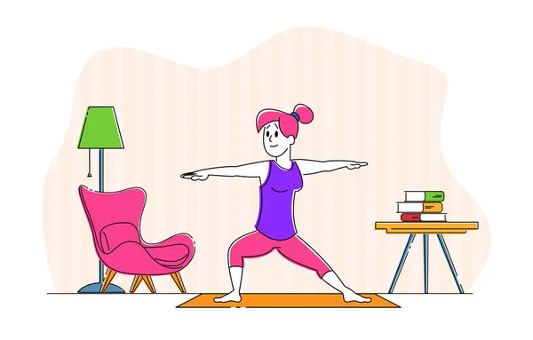 Vrouw Karakter Doen Stretching of Yoga oefeningen thuis. Fitness, Sport en gezonde Lifestyle. Meisje oefenen Gymnastiek Workout Class voor flexibiliteit en pasvorm lichaam. Lineaire vectorillustratie — Stockvector
