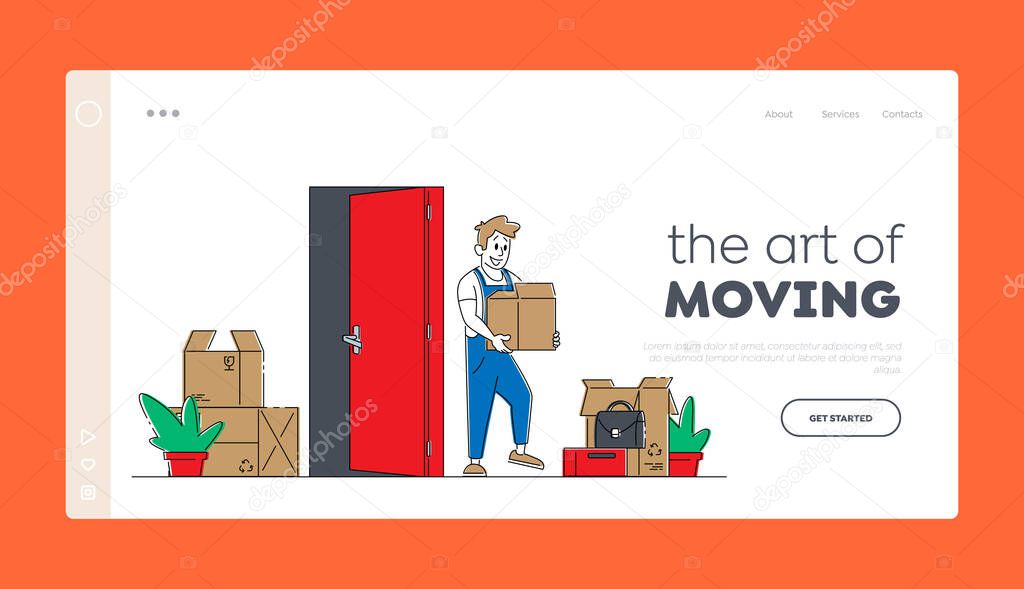 Relocation and Moving into New House Landing Page Template. Worker Male Character Carry Cardboard Box to Apartment. Professional Delivery Shipping Company Loader Service. Linear Vector Illustration