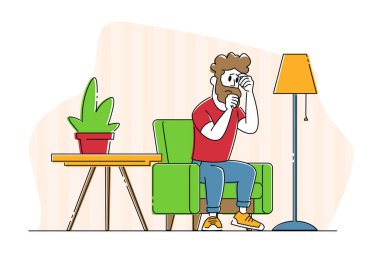 Mutsuz Üzgün Adam Karakteri Oturma Odasında Acı çeken yüzle oturuyor. Karısıyla yaşadığı kavga yüzünden kendini kötü hissediyor. Aile İlişkileri, Boşanma, Depresyon ve Evlilik Krizi Konsepti. Doğrusal Vektör İllüstrasyonu