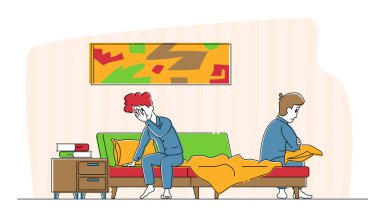 Eş Tartışması Konsepti. Tartışma yüzünden yatakta oturup kötü hisseden pijama giyen evli çiftleri gücendirdi. Boşanma, Aile Krizi ve Çatışma Durumu, Hayal kırıklığı. Doğrusal Vektör İllüstrasyonu