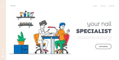 Kız Müşteri İniş Şablonu için Usta Manikür Prosedürü. Kadın Karakteri Güzellik Salonu, Tımar Yeri veya Profesyonel Aletleri olan Kulüp. Doğrusal İnsanlar. Doğrusal Vektör İllüstrasyonu