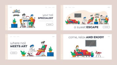 Güzellik Salonu İniş Şablonu 'nda Kadın Vücut Bakımı. Manikür ve Pedikür Şımartma için Kadın Moda Spa ya da Berber Kulübü. Doğrusal İnsanlar Vektör İllüstrasyonu