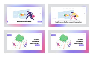 Mali Özgürlük, Arşiv Belgeleri Depolama İniş Sayfa Şablonu Ayarlandı. İş Adamları Para Ağacı 'ndan Hasat Topluyor, Zenginlik Artıyor. Karakterler Belgeleri Arıyor. Çizgi film Vektör İllüstrasyonu