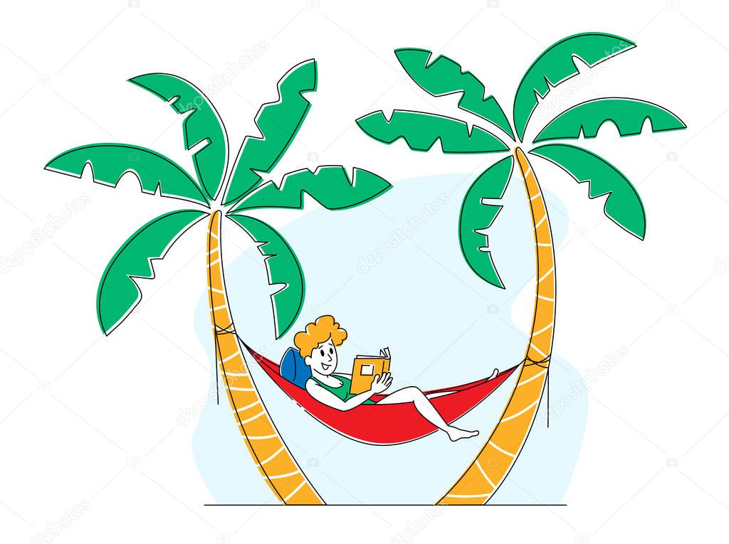 Tourist Male Character Relaxing on Exotic Resort Lying in Hammock Hanging at Palm Trees and Reading Interesting Book. Recreation Spare Time, Hobby and Leisure Concept. Linear Vector Illustration