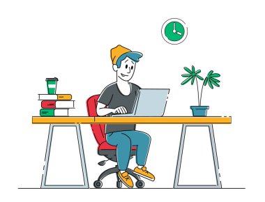 Uzaktan Serbest Çalışma Konsepti. Rahat koltukta oturan serbest çalışan bir adam dizüstü bilgisayarda çalışıyor. Evde Yaratıcı Çalışan Programcı ya da Tasarımcı Karakter Çalışması. Doğrusal Vektör İllüstrasyonu