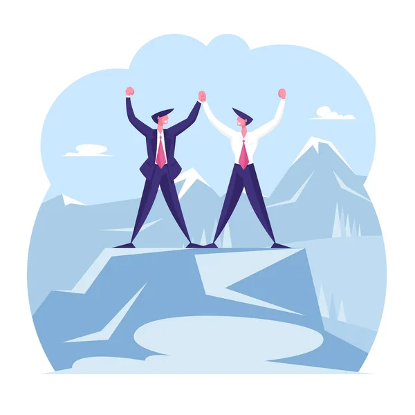 Corporate Partnership, Good Deal Concept. Businessmen Partners Holding Hands on Peak of Mountain. Business People Characters Project Meeting, Agreement during Negotiation. Cartoon Vector Illustration — Stock Vector