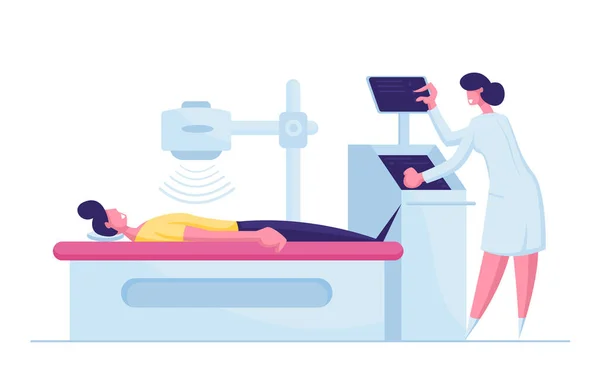 Patientenfigur liegend auf Röntgen- oder Scan-Maschine mit Krankenschwester. Digitale Magnetresonanztomographie in der medizinischen Diagnostik. Medizinische Versorgung. Cartoon People Vektor Illustration — Stockvektor