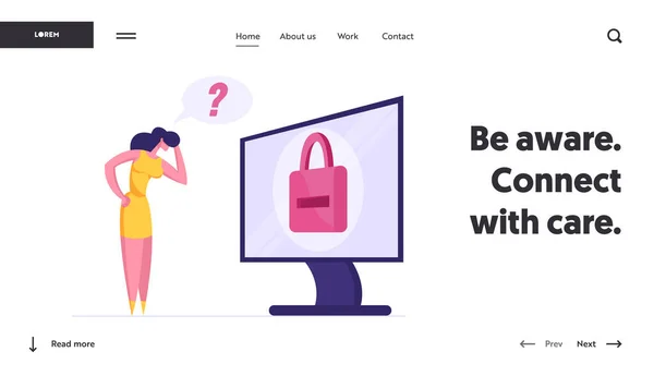 Templat Web Security Landing Page. Business Woman Karakter Stand di Huge Desktop dengan Padlock di Layar Mencoba untuk Ingat Identifikasi Sandi Informasi Akun. Ilustrasi Vektor Kartun - Stok Vektor