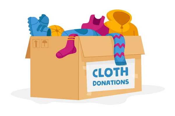 Cloth Donation and Charity Concept. Carton Box Full of Different Clothes for Poor People and Refugees in Need Isolated on White Background. Volunteering Social Aid. Cartoon Vector Illustration — Stock Vector