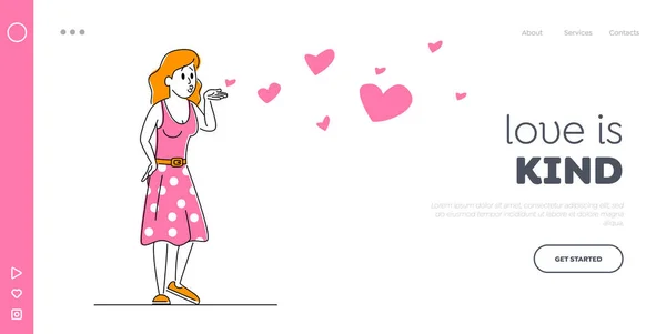 Concepto de San Valentín para Landing Page Template. Personaje de mujer joven en vestido rosa Enviar beso de aire con corazones voladores. Relaciones románticas, Enamorarse y salir con chicas, Ilustración vectorial lineal — Vector de stock