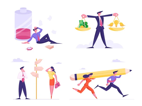 Establecer personajes de negocios Carrera con lápiz enorme, de pie en la encrucijada con punteros. Hombre con básculas pesan dinero e idea, hombre de negocios agotado con bajo nivel de batería. Ilustración de vectores de dibujos animados — Archivo Imágenes Vectoriales