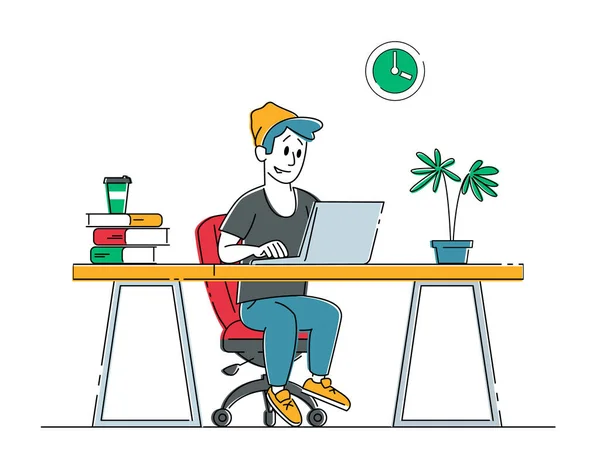 Concept de travail indépendant à distance. Homme freelancer assis dans un fauteuil confortable de travail distant sur ordinateur portable. Programmeur d'employés créatifs ou concepteur travail de caractère à la maison. Illustration vectorielle linéaire — Image vectorielle