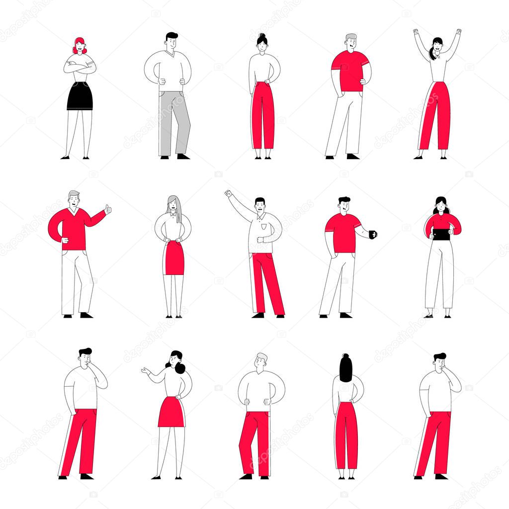 Set of Business People in Different Positions Stand with Arms Akimbo, Drinking Coffee, Using Tablet Pc. Male and Female Characters Posing with Crossed Arms and Hands Up. Linear Vector Illustration