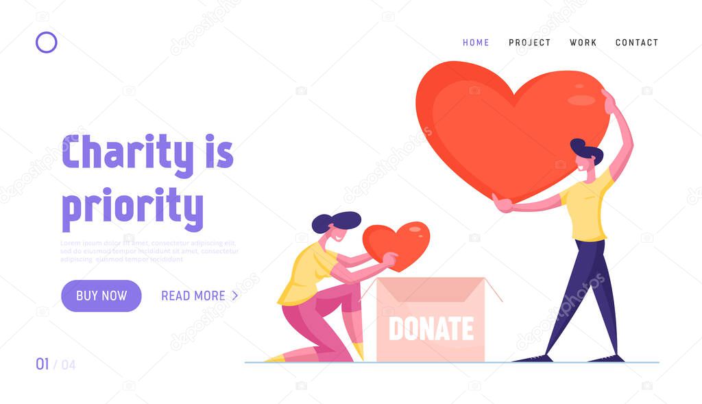 Volunteering and Charity Landing Page Template. Volunteer Characters Put Hearts in Cardboard Donation Box for Help to Poor People in Shelter, Support Social Care. Cartoon People Vector Illustration