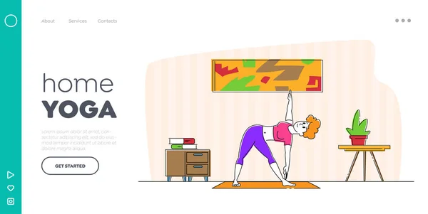 Πρότυπο σελίδας ανάπαυσης και διαλογισμού προσγείωσης. Girl Stand in Yoga Asana ή Stretching Fitness Posture at Home. Χαλαρωμένη Γυναίκα Χαρακτήρας Απολαμβάνοντας Εκπαίδευση Σώμα για Βάρος Απώλειας. Γραμμική διανυσματική απεικόνιση — Διανυσματικό Αρχείο