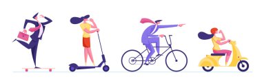 Scooter, Bisiklet, Uçan Kaykay ve Moped olarak Ekoloji Taşımacılığında Yarışan İş Adamları. Şehir Sakinleri Erkek ve Kadın Karakterleri Farklı Çevre Taşımacılığı Çizgi Filmi Vektör Resimleri Sürüyor