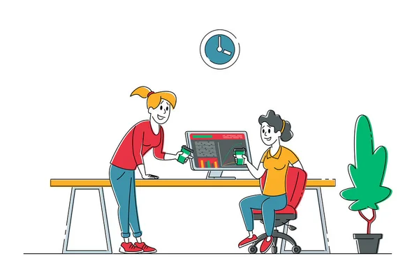 Gruppo di Personaggi Donne Creative Sedute alla scrivania dell'ufficio con PC che lavora in Studio o nell'Area Coworking. Dipendenti d'ufficio Imprenditori Lavorano in azienda, Lavoro di squadra. Illustrazione vettoriale lineare — Vettoriale Stock