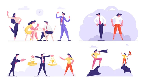 Sada Business People Characters Arm-wrestling Fight, Man with Scales Weigh Money and Idea, Leaders Stand on Mountain Peak with Flag and Spyglass. Zbankrotuje Prázdné kapsy. Cartoon Vector Illustration — Stockový vektor