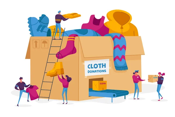 Concepto de donación y caridad. Personajes de Voluntarios Diminutos Llevando Ropa Diferente para Personas Pobres Sin Hogar en Situación de Vida Complicada a Enorme Caja de Cartón con Transportador. Ilustración de vectores de dibujos animados — Vector de stock