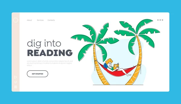 Reading Hobby and Leisure Landing Page Template. Tourist Male Character Relax on Exotic Resort Lying in Hammock Hanging at Palm Trees and Read Book, Recreation Spare Time. Linear Vector Illustration