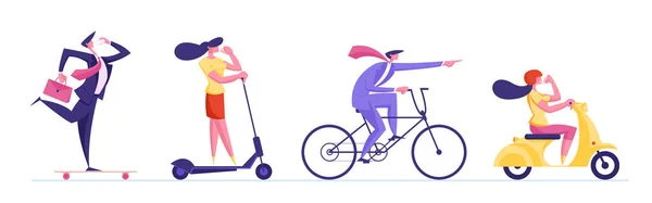 Scooter, Bisiklet, Uçan Kaykay ve Moped olarak Ekoloji Taşımacılığında Yarışan İş Adamları. Şehir Sakinleri Erkek ve Kadın Karakterleri Farklı Çevre Taşımacılığı Çizgi Filmi Vektör Resimleri Sürüyor — Stok Vektör